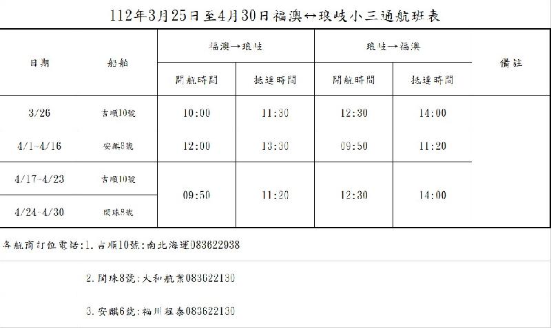 3月25日起小三通開放客運中轉，航港局公布航班表 / 台銘新聞網